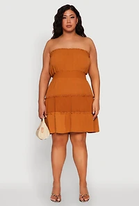 Womens Plus Size Airy Strapless Smocked Tiered Dress, Brown, Size 2X