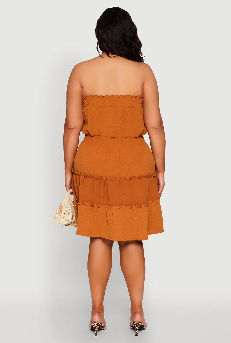 Womens Plus Size Airy Strapless Smocked Tiered Dress, Brown, Size 2X
