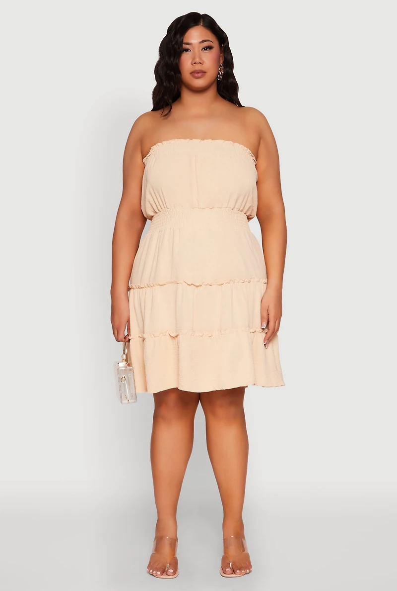 Womens Plus Airy Strapless Smocked Tiered Dress, Beige,