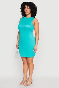 Womens Plus Size Ribbed Knit Mock Neck Tank Dress, Blue, Size 2X