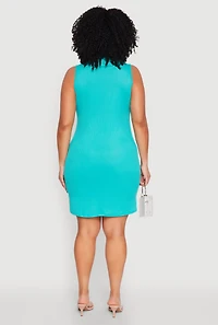 Womens Plus Size Ribbed Knit Mock Neck Tank Dress, Blue, Size 2X