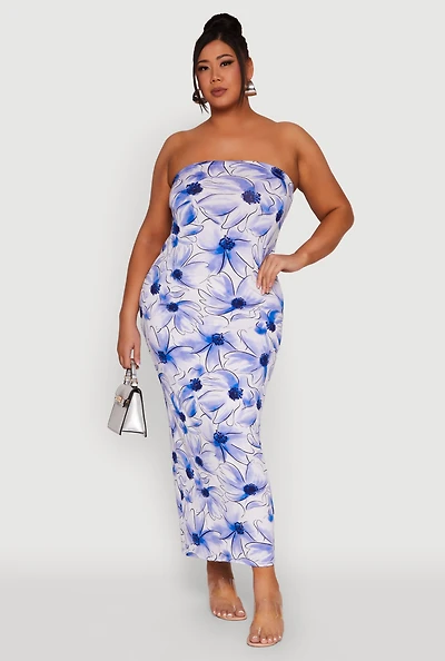 Plus Watercolor Floral Print Maxi Tube Dress