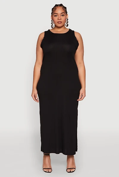 Womens Plus Ribbed Knit Side Slit Maxi Tank Dress,