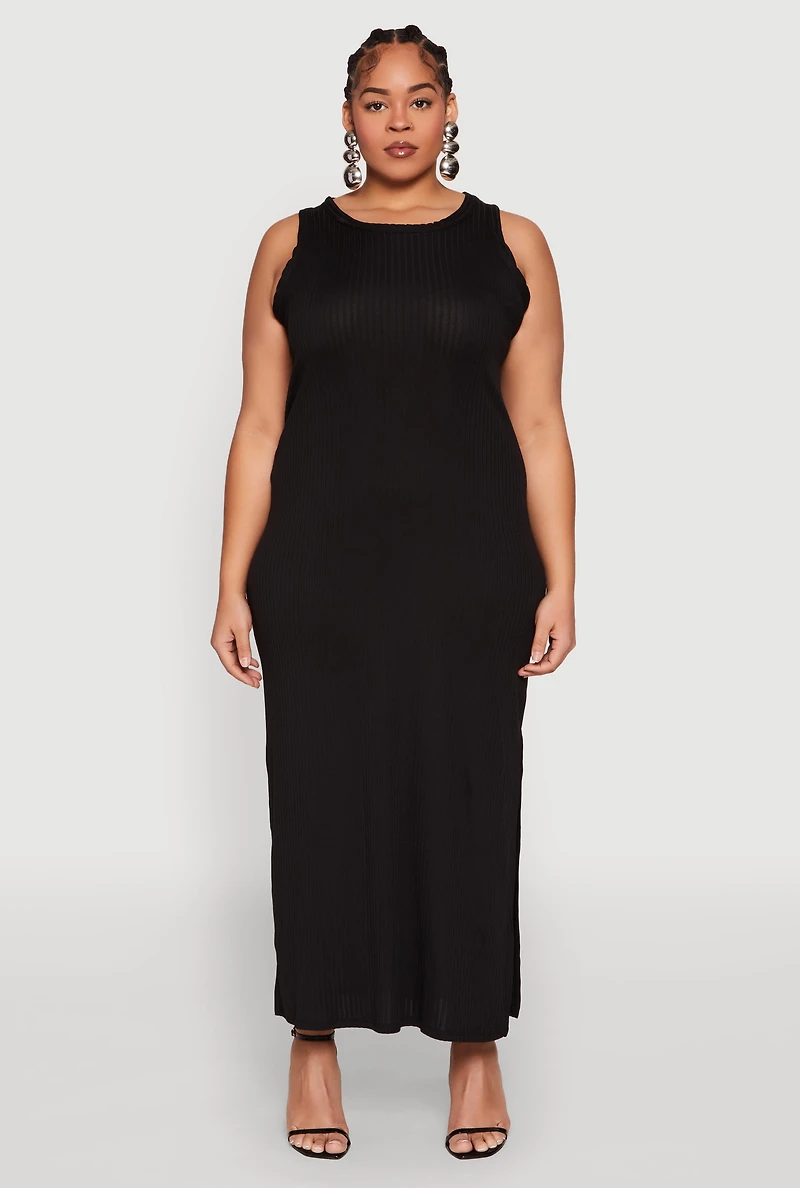 Womens Plus Ribbed Knit Side Slit Maxi Tank Dress,