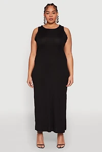 Womens Plus Ribbed Knit Side Slit Maxi Tank Dress,