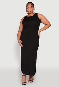 Womens Plus Ribbed Knit Side Slit Maxi Tank Dress,