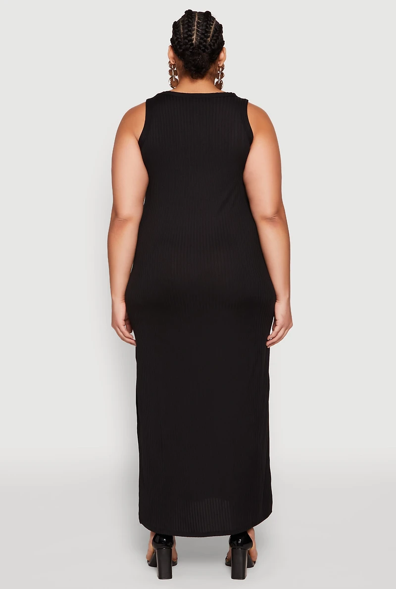 Womens Plus Ribbed Knit Side Slit Maxi Tank Dress,