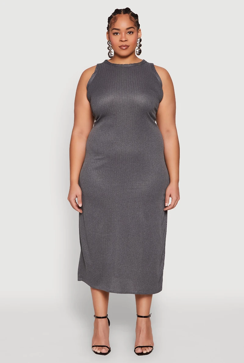 Womens Plus Ribbed Knit Side Slit Maxi Tank Dress,