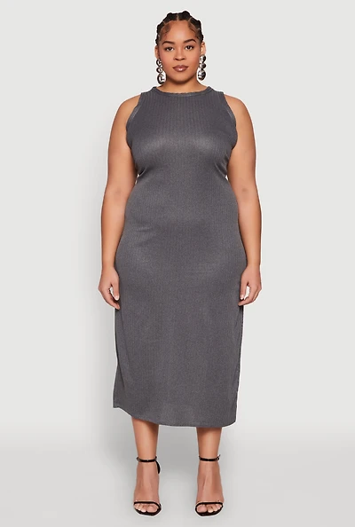Womens Plus Ribbed Knit Side Slit Maxi Tank Dress,