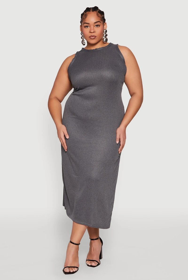 Womens Plus Size Ribbed Knit Side Slit Maxi Tank Dress, Grey, Size 1X