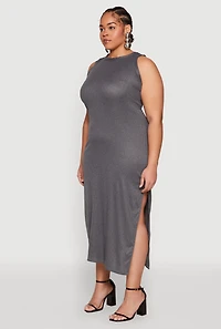 Womens Plus Ribbed Knit Side Slit Maxi Tank Dress,