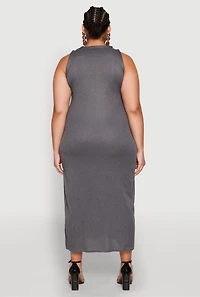 Womens Plus Ribbed Knit Side Slit Maxi Tank Dress,
