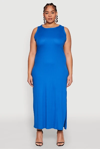 Womens Plus Ribbed Knit Side Slit Maxi Tank Dress, 1X