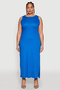 Plus Ribbed Knit Side Slit Maxi Tank Dress