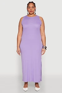 Womens Plus Ribbed Knit Side Slit Maxi Tank Dress, 2X