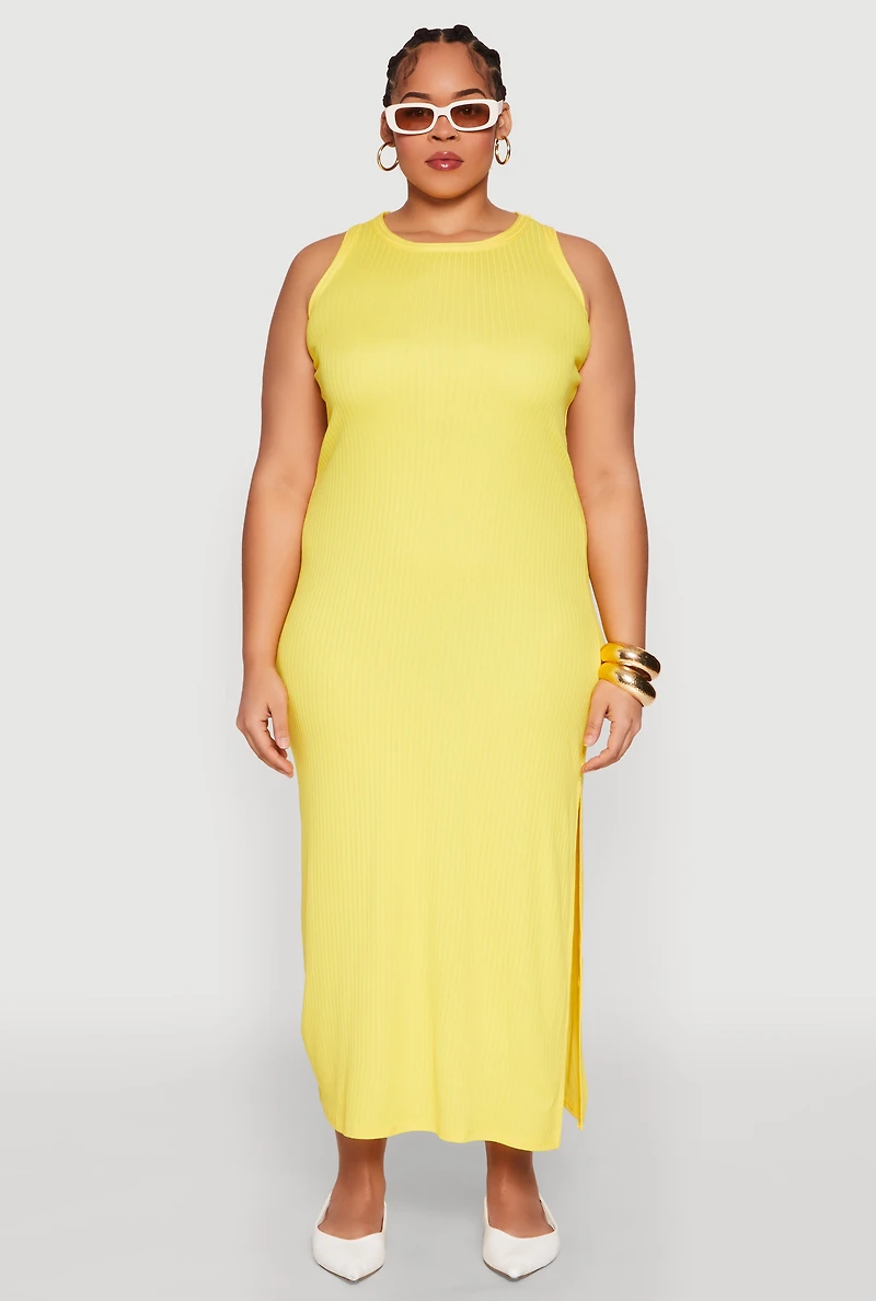 Womens Plus Size Ribbed Knit Side Slit Maxi Tank Dress, Yellow, Size 1X