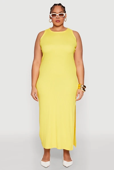 Womens Plus Size Ribbed Knit Side Slit Maxi Tank Dress, Yellow, Size 1X