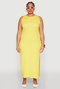 Womens Plus Size Ribbed Knit Side Slit Maxi Tank Dress, Yellow, Size 1X