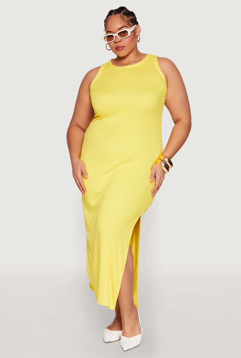 Womens Plus Size Ribbed Knit Side Slit Maxi Tank Dress, Yellow, Size 1X
