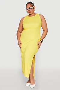 Womens Plus Size Ribbed Knit Side Slit Maxi Tank Dress, Yellow, Size 1X