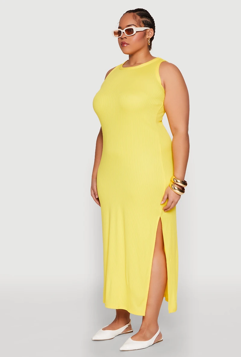 Womens Plus Size Ribbed Knit Side Slit Maxi Tank Dress, Yellow, Size 1X