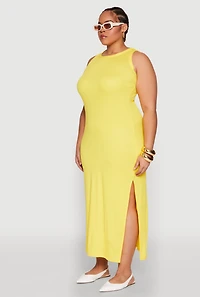 Womens Plus Size Ribbed Knit Side Slit Maxi Tank Dress, Yellow, Size 1X