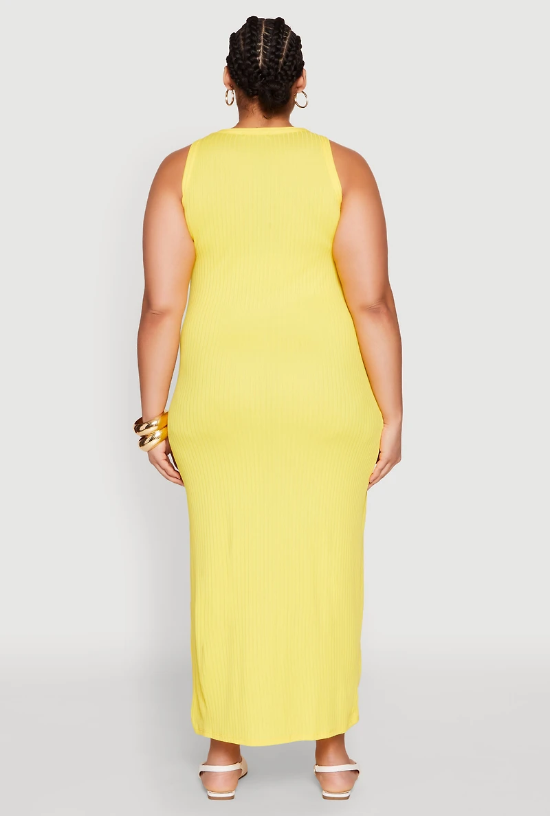 Womens Plus Size Ribbed Knit Side Slit Maxi Tank Dress, Yellow, Size 1X