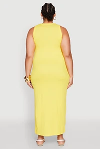 Womens Plus Size Ribbed Knit Side Slit Maxi Tank Dress, Yellow, Size 1X
