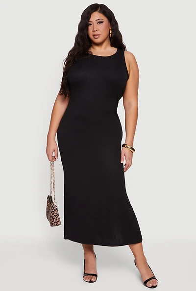 Plus Rib Knit Side Slit Tank Midi Dress