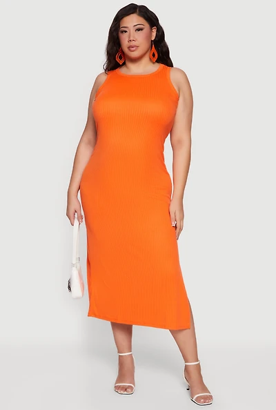 Plus Rib Knit Side Slit Tank Midi Dress