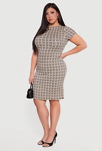 Plus Greek Key Soft Knit Short Sleeve Midi Dress