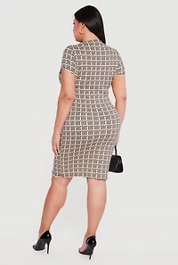 Plus Greek Key Soft Knit Short Sleeve Midi Dress