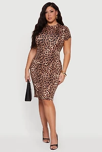 Plus Leopard Print Short Sleeve Midi Dress