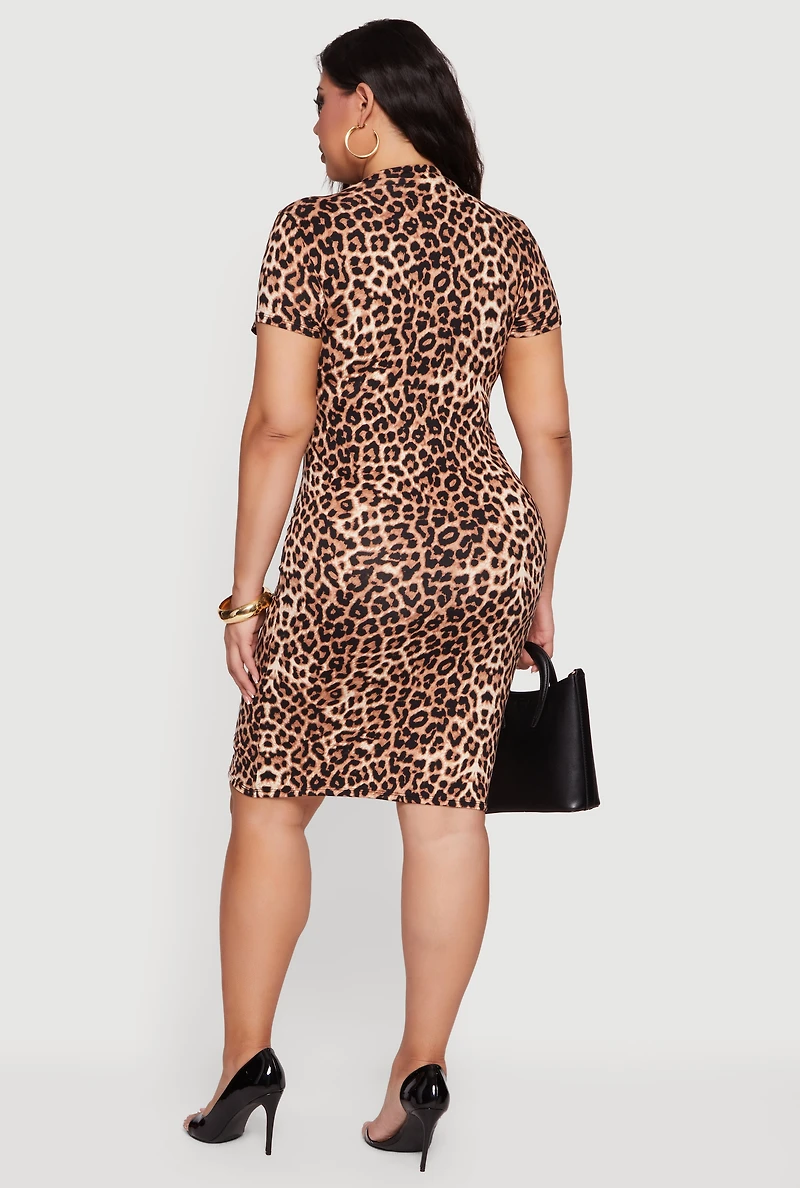 Plus Leopard Print Short Sleeve Midi Dress