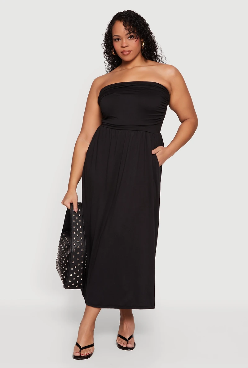 Plus Soft Knit Ruched Tube Dress with Pockets
