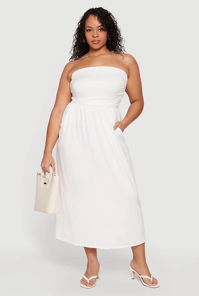 Plus Soft Knit Ruched Tube Dress with Pockets