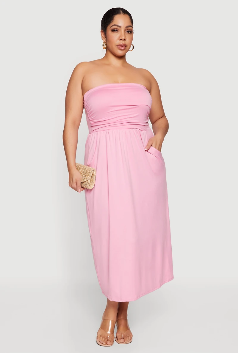 Plus Soft Knit Ruched Tube Dress with Pockets
