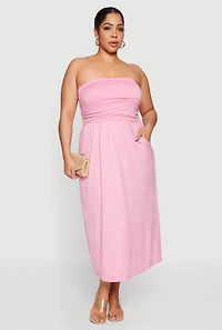 Plus Soft Knit Ruched Tube Dress with Pockets