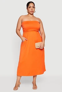Plus Soft Knit Ruched Tube Dress with Pockets