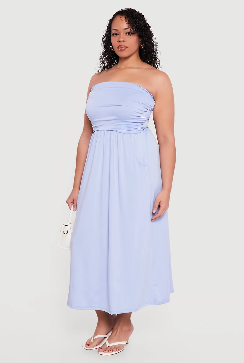 Plus Soft Knit Ruched Tube Dress with Pockets