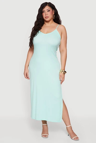 Plus Sleeveless Ribbed Knit Maxi Dress with Side Slit
