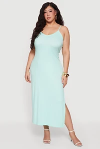 Plus Sleeveless Ribbed Knit Maxi Dress with Side Slit