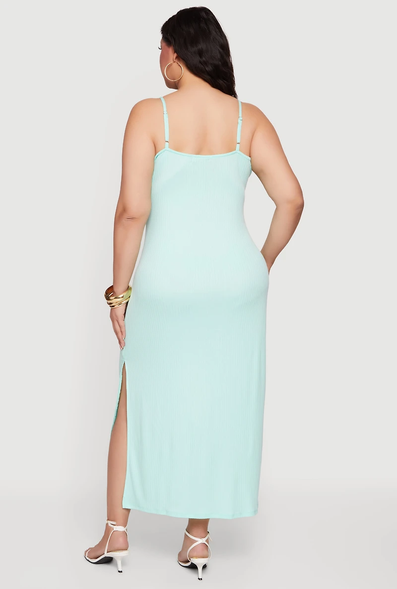 Plus Sleeveless Ribbed Knit Maxi Dress with Side Slit