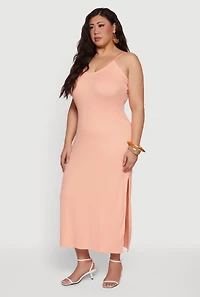 Plus Sleeveless Ribbed Knit Maxi Dress with Side Slit