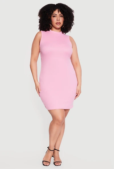 Plus Rib Knit Sleeveless Mock Neck Mini Dress