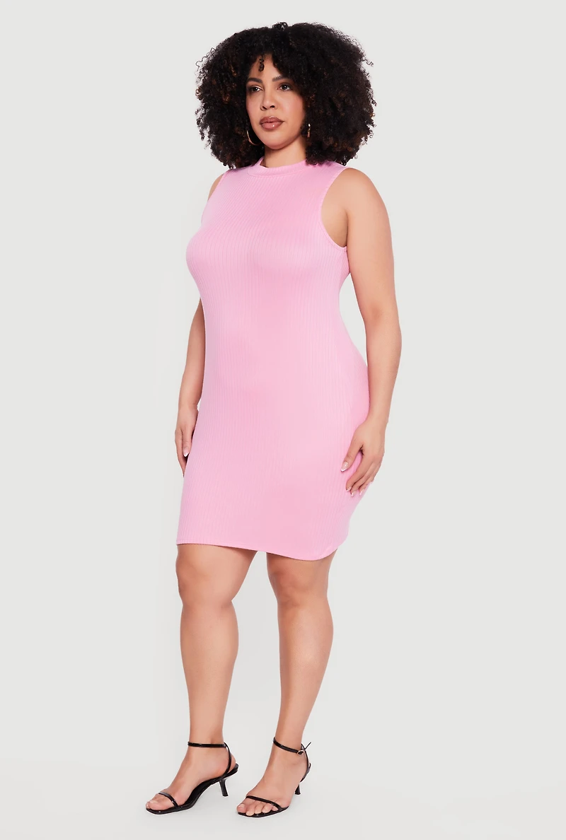 Plus Rib Knit Sleeveless Mock Neck Mini Dress