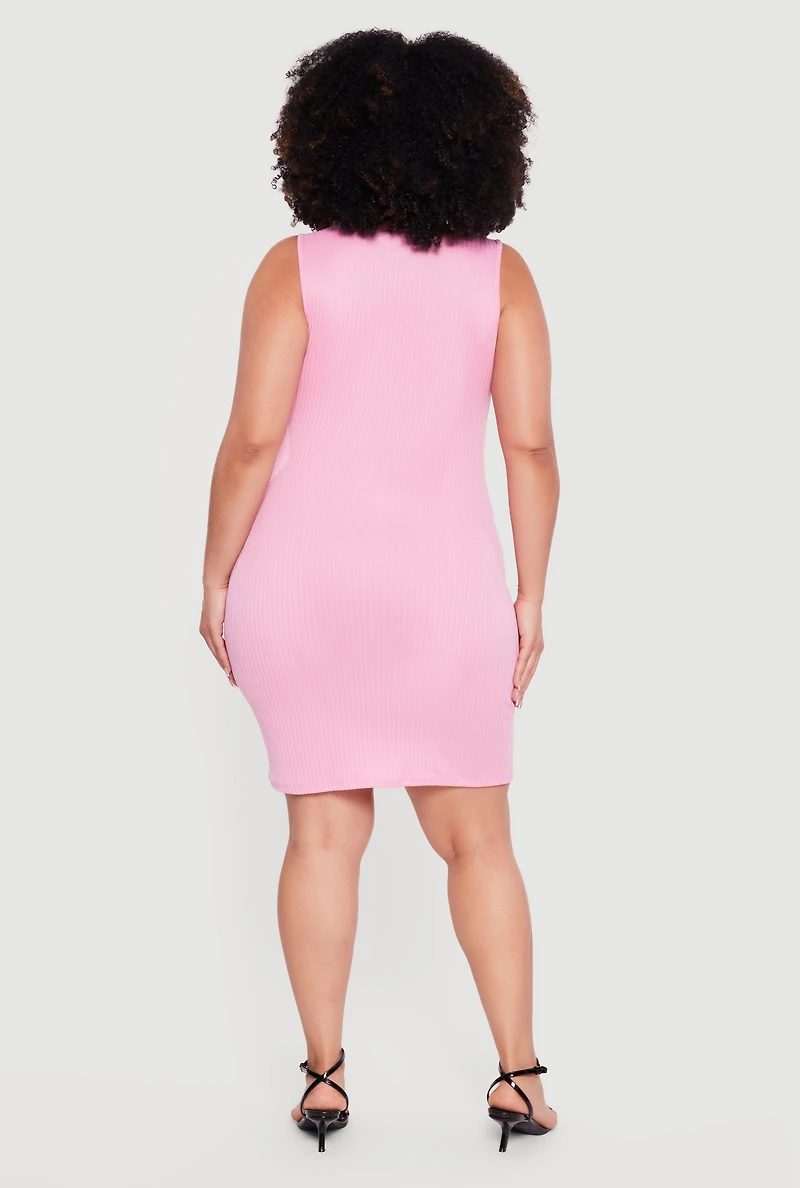 Plus Rib Knit Sleeveless Mock Neck Mini Dress