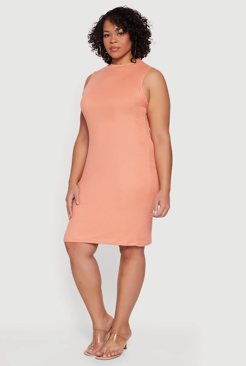 Plus Rib Knit Sleeveless Mock Neck Mini Dress
