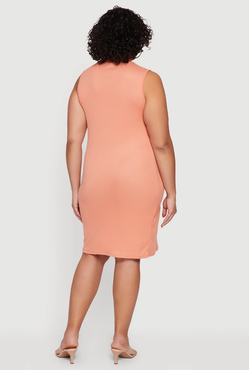 Plus Rib Knit Sleeveless Mock Neck Mini Dress