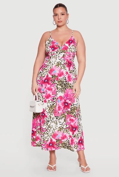 Plus Floral Animal Print Cami Maxi Dress
